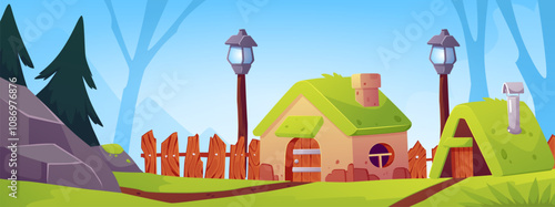 Vector illustration charming houses with a roof covered with green grass in a fabulous style: