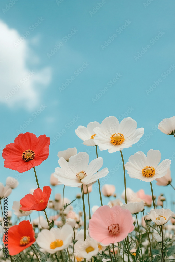 Obraz premium A Field of Delicate Cosmos Blossoms Under a Vibrant Sky
