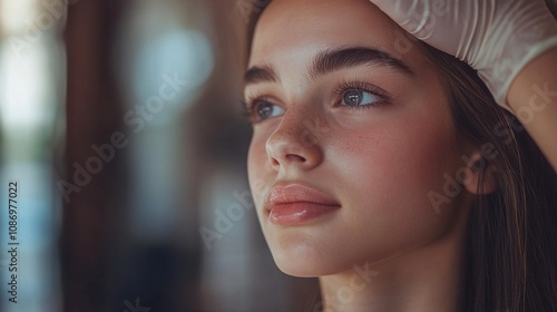 Wallpaper Mural Young woman with natural beauty and flawless skin, pondering in soft light, showcasing simplicity and elegance in a serene environment, with gentle hand gesture. Torontodigital.ca