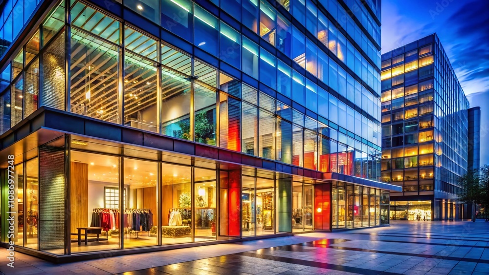 Modern Urban Retail Architecture with Sleek Design Elements, Glass Facades, and Striking Lighting in a Chic City Setting for Contemporary Shopping Experiences Modern Urban Retail Architecture with Sleek Design Elements, Glass Facades, and Striking Lighting in a Chic City Setting for Contemporary Shopping Experiences