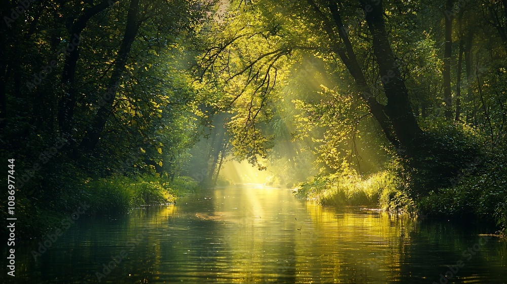 Serene Forest Scene: Sunlight Streaming Through Lush Green Trees Serene Forest Scene: Sunlight Streaming Through Lush Green Trees