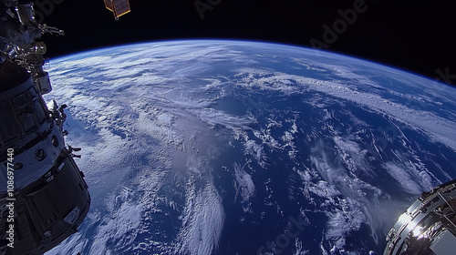 Stunning view of Earth from space with visible clouds and satellites against the backdrop of a dark universe. Generative AI