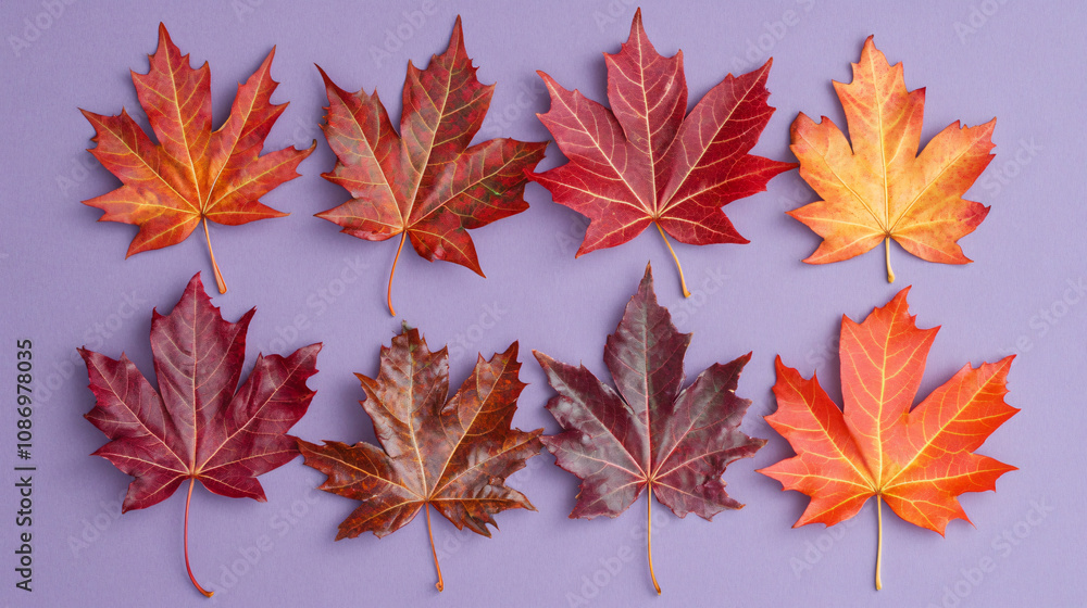 A collection of vibrant autumn leaves arranged on a purple background, showcasing a variety of colors and textures for seasonal decoration. A collection of vibrant autumn leaves arranged on a purple background, showcasing a variety of colors and textures for seasonal decoration.