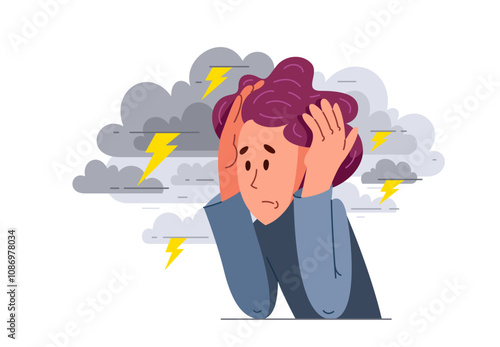 Young man feeling stressed and uncomfortable, vector illustration of a person having mental disorder panic and anxiety, psychological problems.