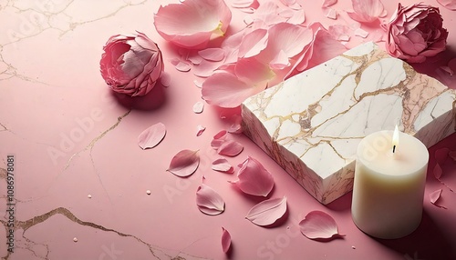 Fondo rosa pastello e bianco con petali cosparsi su tutti il piano e al centro un pezzo di marmo