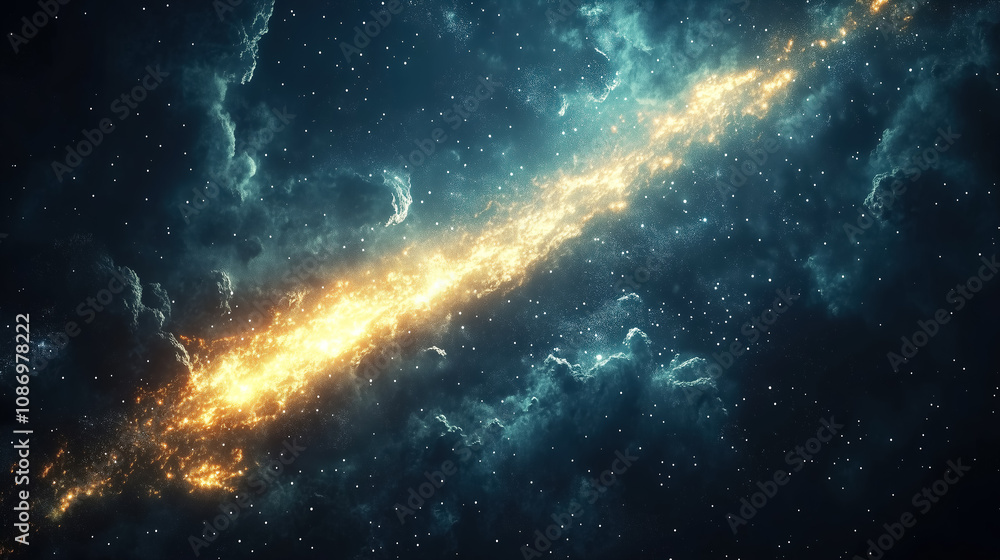 Fototapeta premium A stunning view of a bright galaxy illuminated by stars in deep space, showcasing cosmic clouds and glowing regions of light. Generative AI
