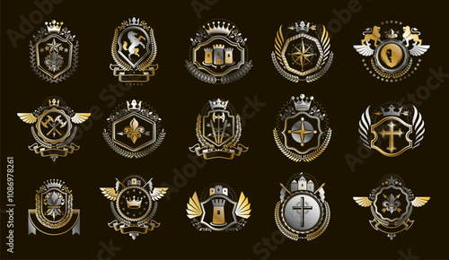 Heraldic Coat of Arms vector big set, vintage antique heraldic badges and awards collection, symbols in classic style design elements, family or business logos.