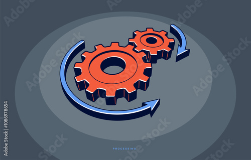 Processing concept poster, gears with arrows vector icon style illustration, operation process.