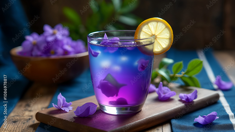 Artfully Composed Glass of Butterfly Pea Tea with Surrounding Natural Components Artfully Composed Glass of Butterfly Pea Tea with Surrounding Natural Components