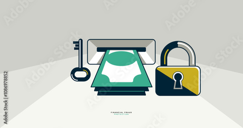 Financial fraud protection concept poster, money stack withdrawal from ATM secured by lock vector icon style illustration, safe banking, padlock protected credit card.