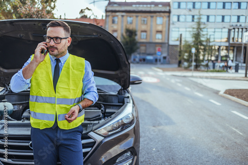 Businessman Calling for Roadside Assistance With Broken Down Car