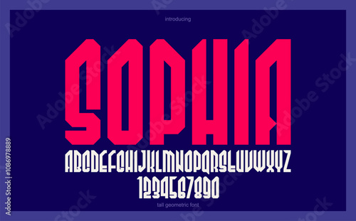 Bold and massive tall heavy geometric font for logo creation, condensed modern geometrical vector display typeface, typography with no round elements, only corners and straight lines geometry.