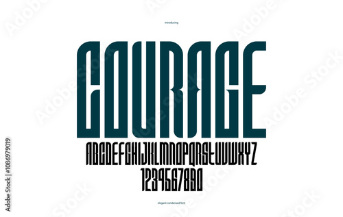Condensed simple sans serif elegant display font for logos headers or slogans, vector tall and beautiful geometric typeface, uppercase letters alphabet with numbers, poster and advertising.