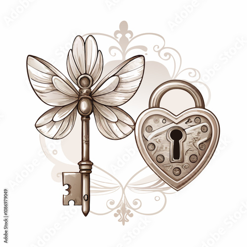 Metal fantasy victorian key with butterfly wings and heart shaped lock vector illustration (18)