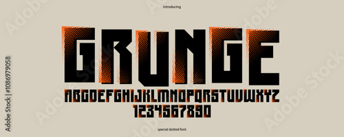 Halftone dotted geometric brutal and bold typeface for logos and posters, vector urban industrial font, modern display typography in cyberpunk futuristic style.