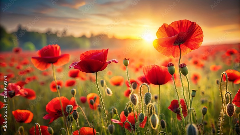 Fototapeta premium Vibrant Red Poppies Illuminated by the Warm Glow of a Sunset in a Lush Field