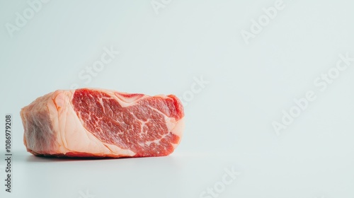 A fresh, raw steak showcasing rich marbling on a minimalist background, perfect for culinary photography and meat-related content. photo