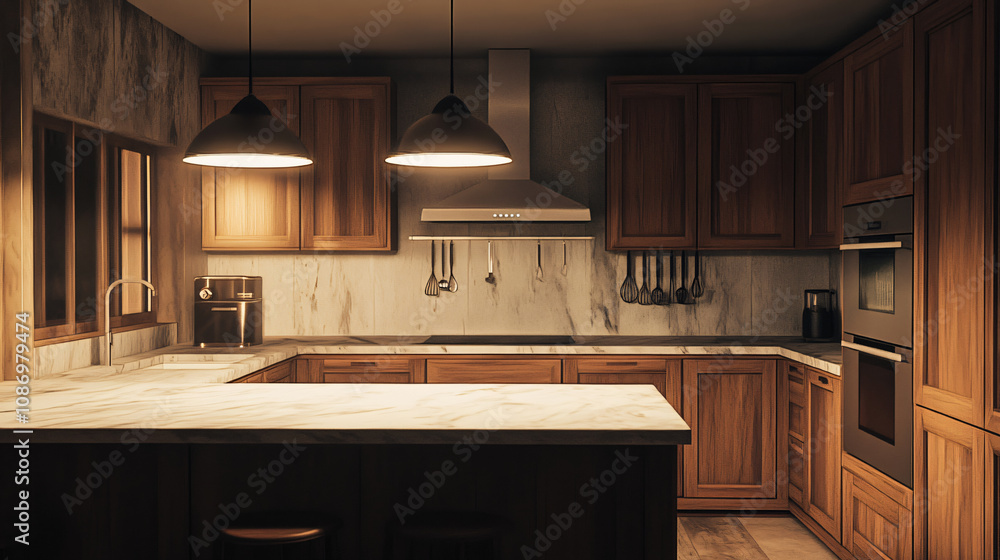 A cozy kitchen scene featuring wooden cabinets and marble countertops illuminated by pendant lights, creating a warm and inviting atmosphere for interior design. A cozy kitchen scene featuring wooden cabinets and marble countertops illuminated by pendant lights, creating a warm and inviting atmosphere for interior design.