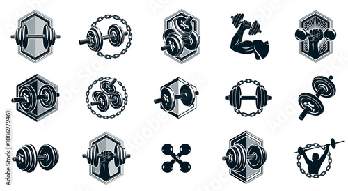Fitness sport emblems logos or posters with barbells dumbbells kettlebells and muscle man silhouettes vector set, athletic workout active lifestyle theme, sport club or competition awards.