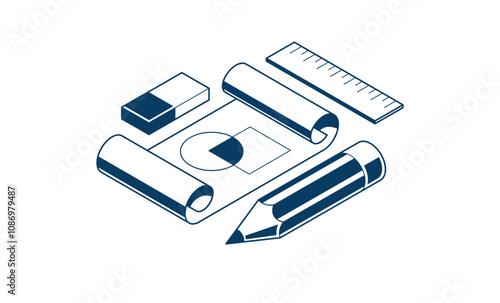 Engineering project concept, paper document blueprint with pencil engineer work job vector 3D isometric illustration, abstract plan drawing, cad scheme icon.