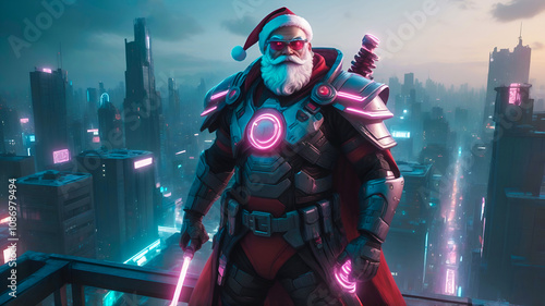 Santa Claus in an armored cyberpunk suit with glowing edges and a neon candy cane staff. He stands on a rooftop overlooking a dystopian city, ready to deliver justice and presents