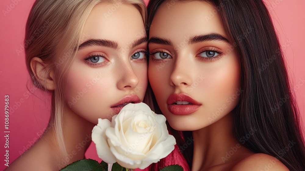 Portrait of Two Young Women with Fresh Skin and Natural Makeup, Holding a White Rose Against a Soft Pink Background, Capturing Beauty and Friendship Portrait of Two Young Women with Fresh Skin and Natural Makeup, Holding a White Rose Against a Soft Pink Background, Capturing Beauty and Friendship