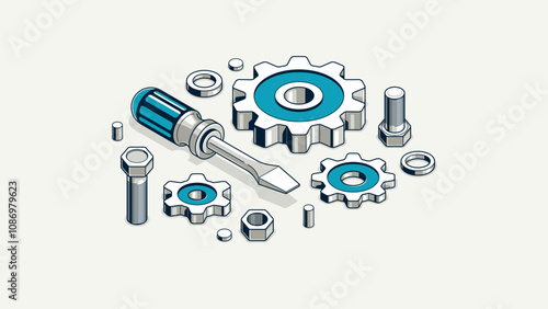 Invention renovation concept, gears and tools in 3D isometric projection vector illustration, technical theme, cogs and bolts machinery and engine creation.