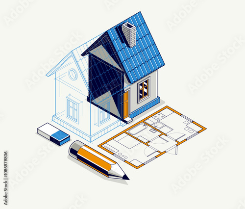 House project implementation embodiment concept, 3D isometric vector illustration of a small house building project, construction architectural model, idea in progress.