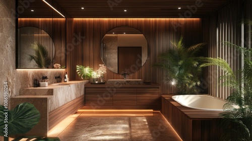 Wallpaper Mural Modern Bathroom with Wooden Walls and Lush Greenery Torontodigital.ca