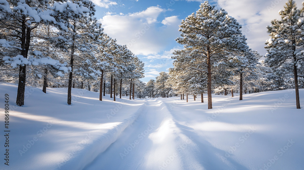 Fototapeta premium Snowy Path Through Pine Forest
