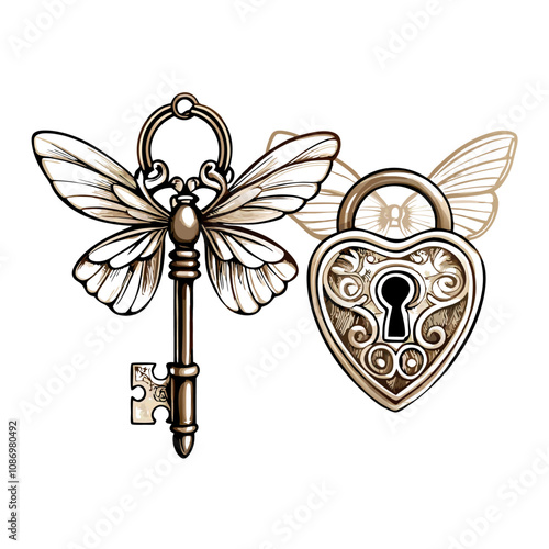 Metal fantasy victorian key with butterfly wings and heart shaped lock vector illustration (9)