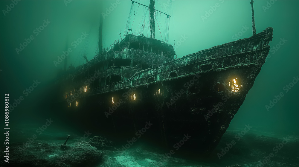 Mysterious sunken ship resting on the ocean floor with glowing lights in deep water at twilight, evoking a sense of adventure. Generative AI Mysterious sunken ship resting on the ocean floor with glowing lights in deep water at twilight, evoking a sense of adventure. Generative AI