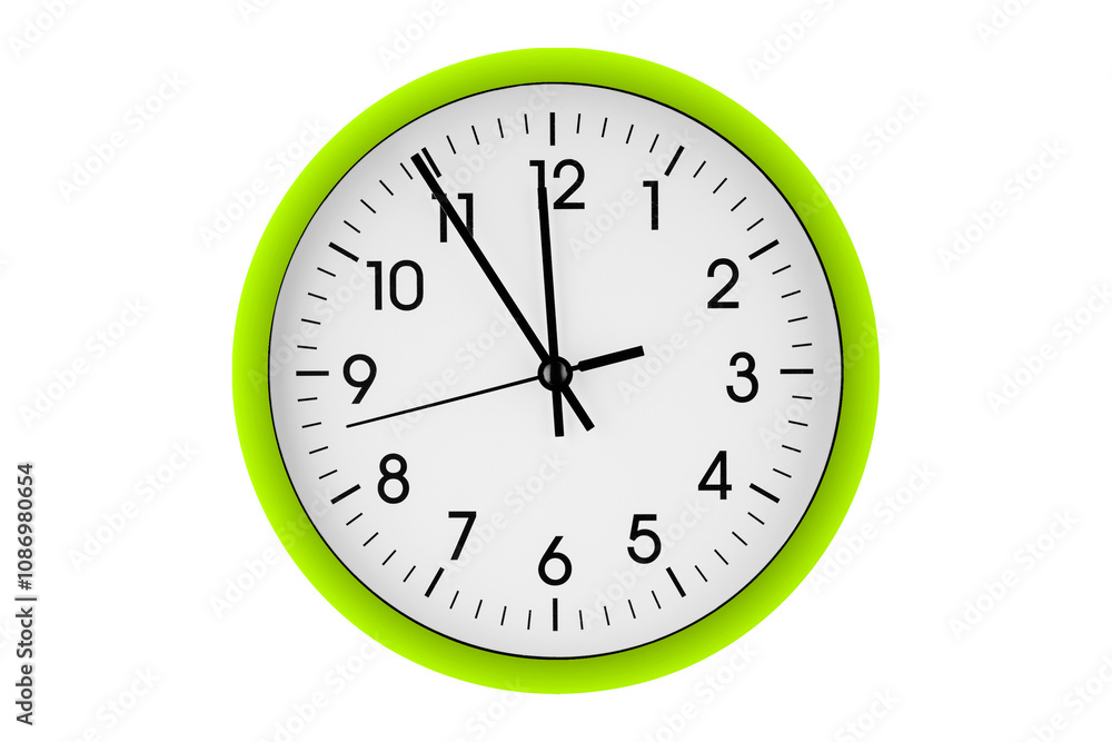 Green watch, wall clock 11 hours 45 minutes on isolated or white background close up Green watch, wall clock 11 hours 45 minutes on isolated or white background close up