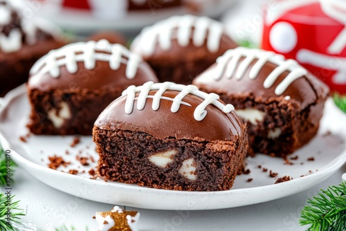 Chocolate brownies with white icing drizzles, served on a festive plate for a Super Bowl party. photo