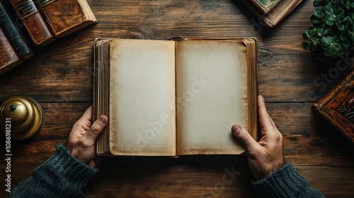 Close-up a man reading blank book on table in library, top view