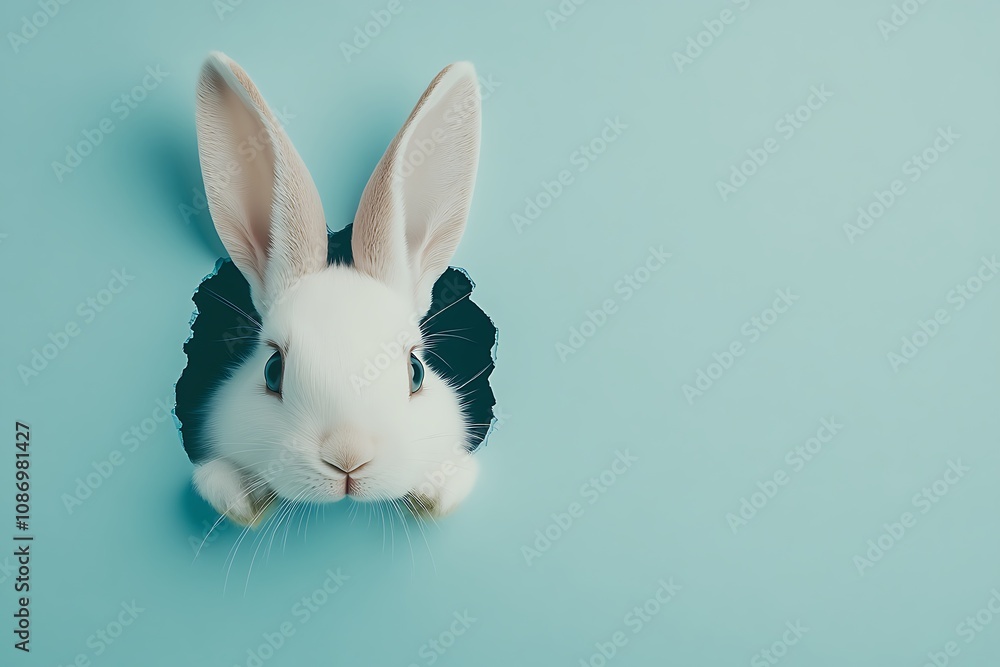 Obraz premium White easter bunny peeking through hole in light pastel blue background