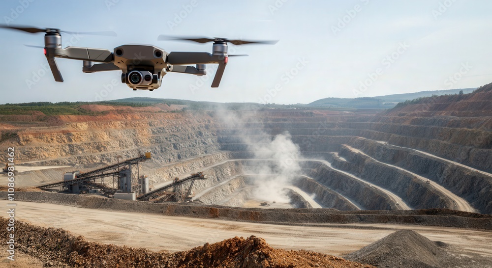 Aerial view of open-pit mine with drone capturing industrial landscape for energy and resource exploration