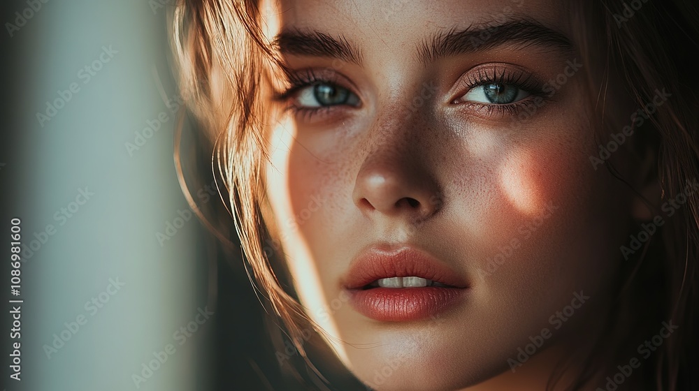 Close-Up Portrait of a Beautiful Woman with Freckles and Natural Makeup, Illuminated by Soft Light and Shadows, Showcasing Natural Beauty and Youthful Radiance