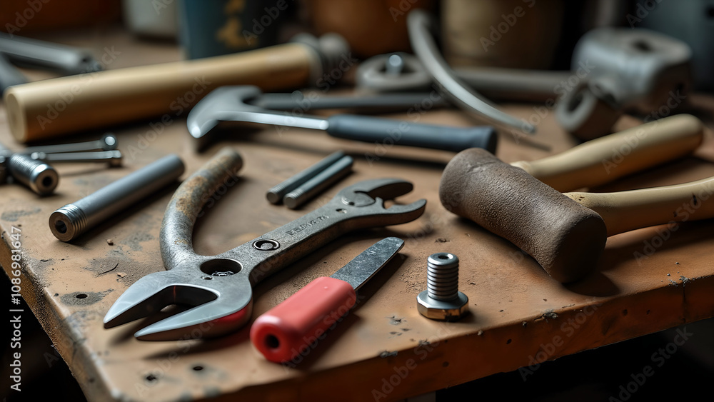 A Cluttered Workbench Surrounded by Assorted Tools Including Pliers, a Wrench, and a Rusty Hammer Amidst Scattered Bolts A Cluttered Workbench Surrounded by Assorted Tools Including Pliers, a Wrench, and a Rusty Hammer Amidst Scattered Bolts