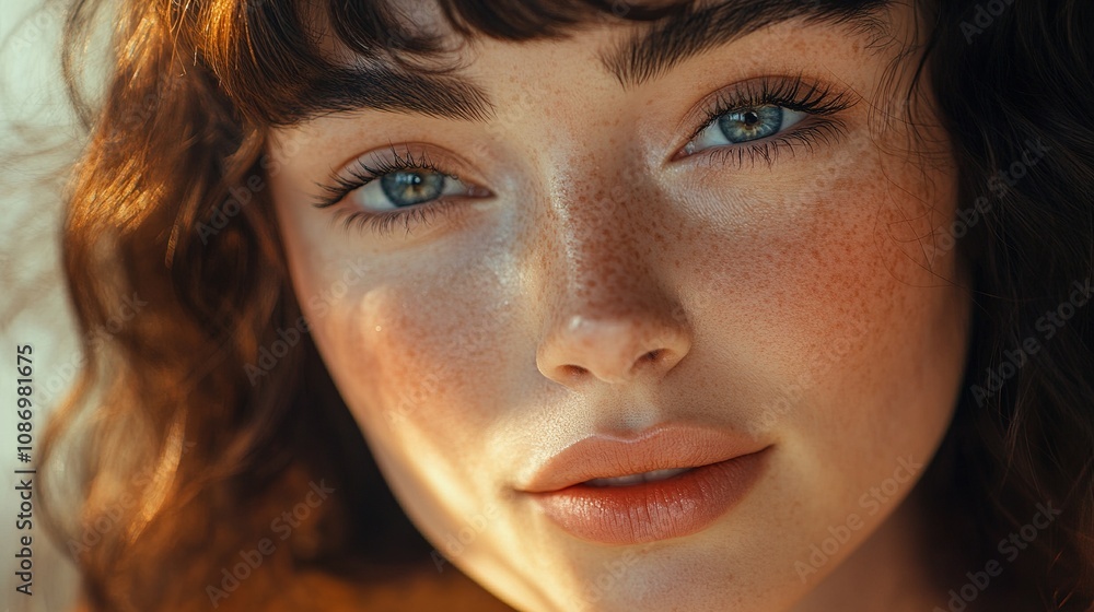 Close-Up Portrait of Young Woman with Freckles and Curly Hair, Capturing Natural Beauty and Bright Blue Eyes in Soft Lighting Close-Up Portrait of Young Woman with Freckles and Curly Hair, Capturing Natural Beauty and Bright Blue Eyes in Soft Lighting