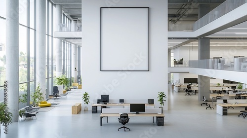 Fototapeta Naklejka Na Ścianę i Meble -  Spacious and organized 3D rendered office workspace with a poster frame on the wall showcasing a top down view of a minimalist and professional work environment