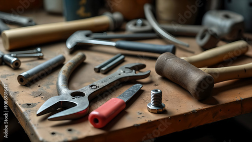 Wallpaper Mural A Cluttered Workbench Surrounded by Assorted Tools Including Pliers, a Wrench, and a Rusty Hammer Amidst Scattered Bolts Torontodigital.ca