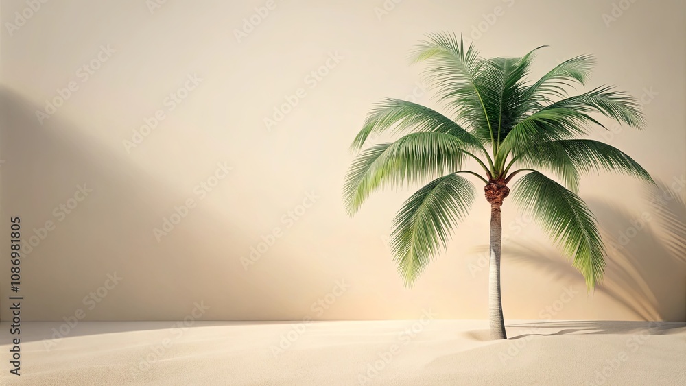 Single palm tree in sandy room with beige wall Single palm tree in sandy room with beige wall