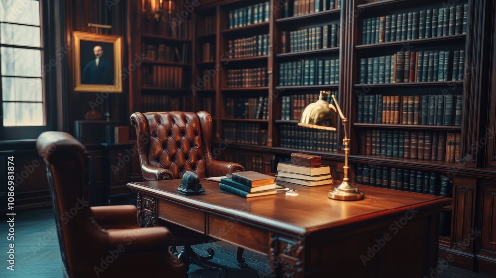 A Study With a Desk, Bookshelves, and a Leather Chair A Study With a Desk, Bookshelves, and a Leather Chair