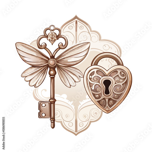 Metal fantasy victorian key with butterfly wings and heart shaped lock vector illustration (17)