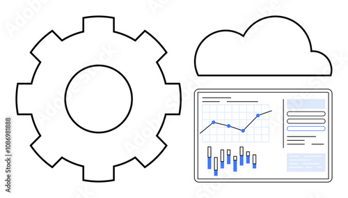 Gear symbol, cloud icon, and performance dashboard with line and bar charts representing data analytics and cloud computing. Ideal for technology, data management, automation, cloud services