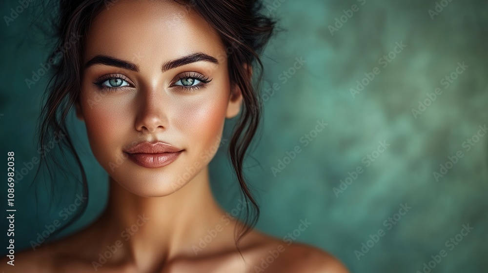 Portrait of a Beautiful Young Woman with Stunning Blue Eyes and Natural Makeup Against a Soft Green Background, Ideal for Beauty and Wellness Themes Portrait of a Beautiful Young Woman with Stunning Blue Eyes and Natural Makeup Against a Soft Green Background, Ideal for Beauty and Wellness Themes