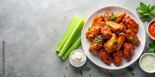 Delicious Buffalo Chicken Wings on a Plate Over a White Stone Background with Copy Space for Text, Perfect for Food Blogs, Menus, or Recipe Cards in a Top View Flat Lay Style photo