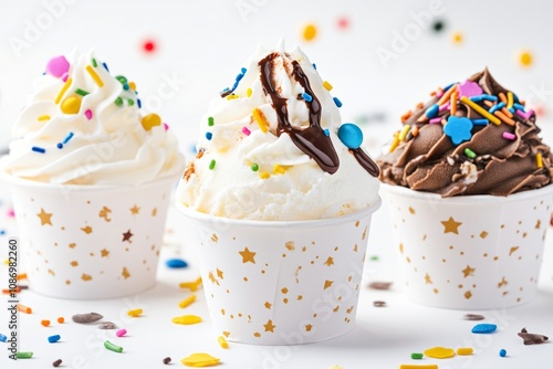 Ice cream cups with chocolate syrup and colorful sprinkles, perfect for a Super Bowl celebration photo