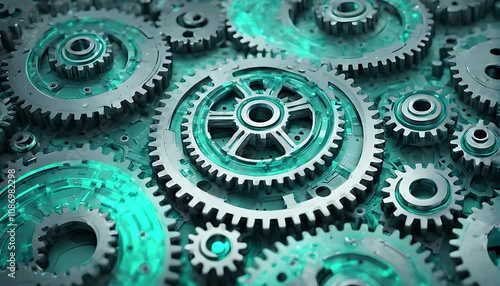 Wallpaper Mural Complex arrangement of interconnected metallic gears with teal glow, symbolizing precision, teamwork, and industrial mechanical systems. Torontodigital.ca